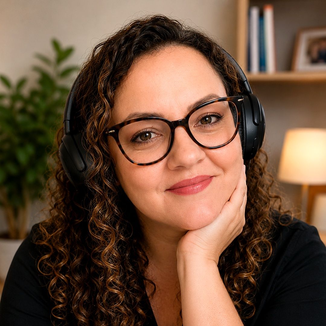Marcela de headset e óculos, sorrindo