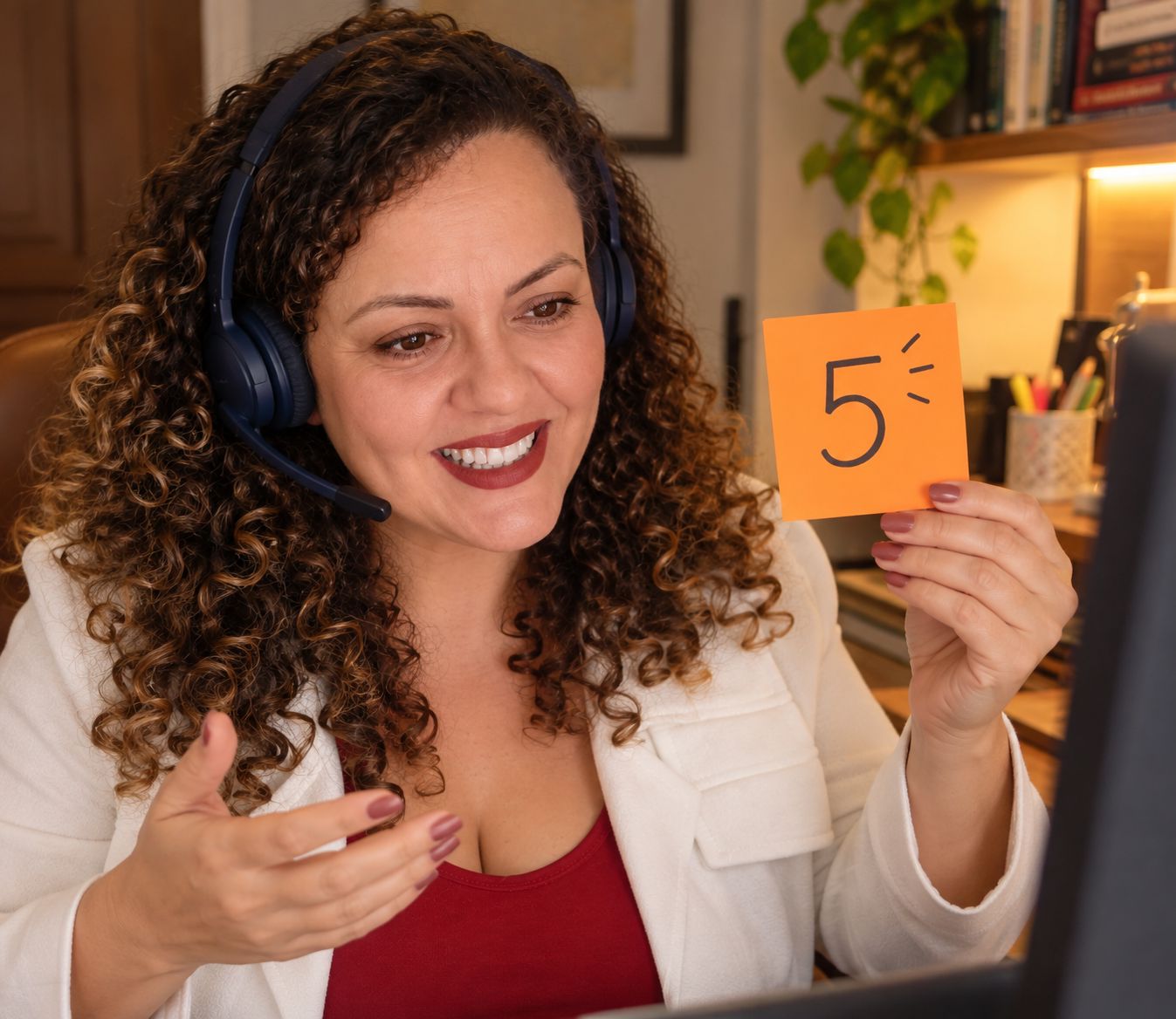 Marcela dando aula online, sorrindo e segurando uma nota adesiva laranja