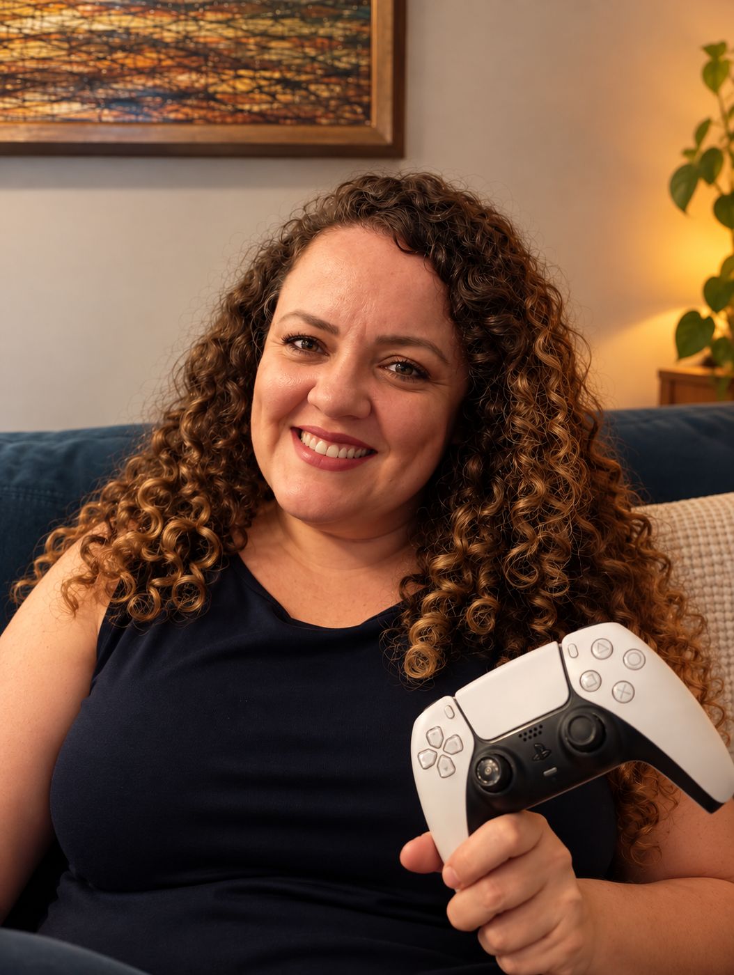 Marcela no sofá com um controle de videogame